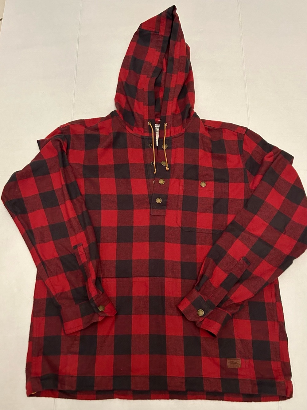 LL Bean Red and Black Plaid Hooded Shirt